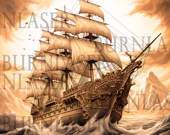 Archivo de grabado láser de barco pirata - Arte mural con ilusión 3D (PNG y LightBurn)