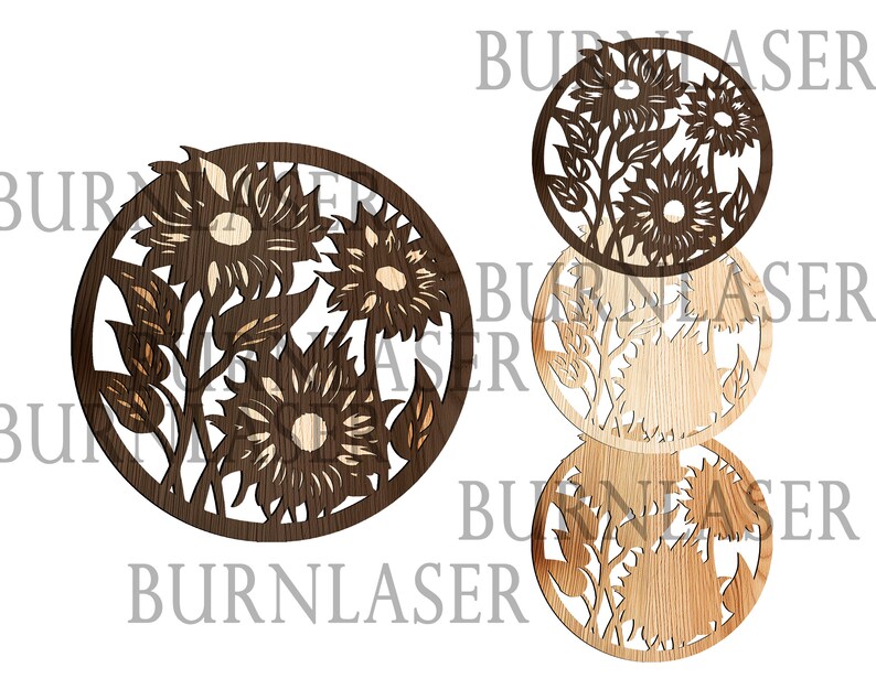 May include: Three round wooden wall decorations featuring a laser-cut design of sunflowers. The design is in a dark brown wood with a lighter wood background.