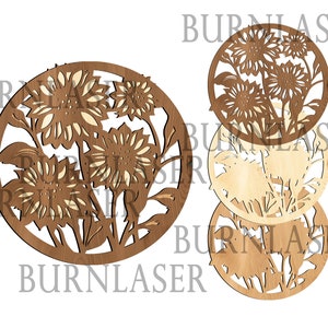 May include: Three wooden round ornaments with a laser-cut design of sunflowers. The ornaments are in different shades of brown.