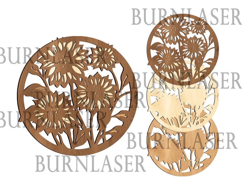 May include: Three wooden round ornaments with a laser-cut design of sunflowers. The ornaments are in different shades of brown.