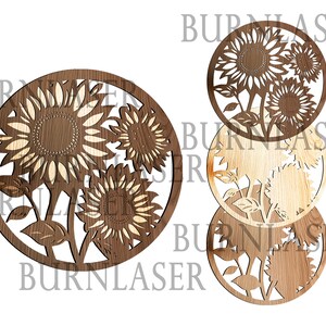 May include: Three wooden round cutouts of sunflowers with intricate details. The sunflowers are in various shades of brown and have a light brown background.