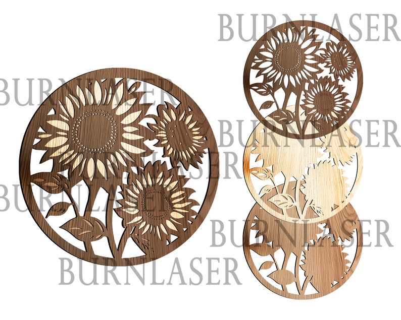 May include: Three wooden round cutouts of sunflowers with intricate details. The sunflowers are in various shades of brown and have a light brown background.