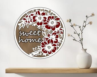 Florales Zeichen - SVG, Lightburn Datei - Laser Cut, CNC - Kreisförmiges Holzwanddekor - Geschichtete Wandkunst - Glowforge - Sperrholz Laser Design