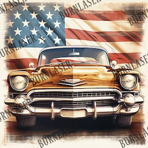 May include: A vintage wooden-paneled car with a chrome grill and headlights, parked in front of an American flag.