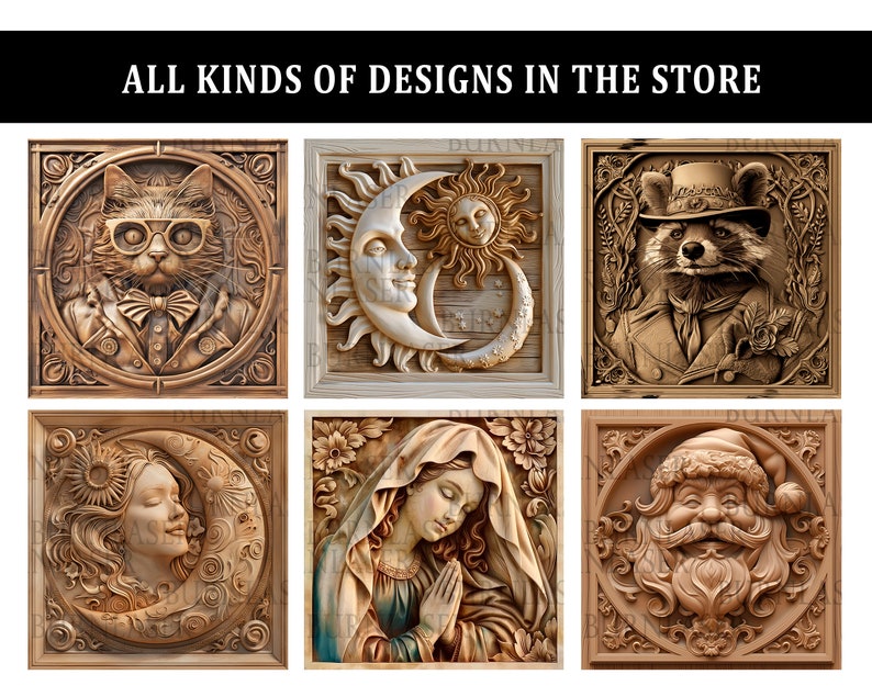 Puede incluir: Seis paneles tallados en madera con marcos ornamentados. Los paneles presentan varios dise&ntilde;os, incluyendo un gato con gafas y corbata de lazo, un sol y una luna, un mapache con sombrero, una mujer con los ojos cerrados, una mujer rezando y Santa Claus.