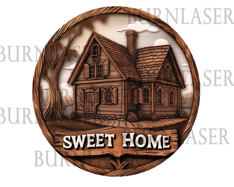 Pu&ograve; includere: Un cartello rotondo in legno intagliato con un'immagine dettagliata di una piccola casa e un cartello che dice "Sweet Home".
