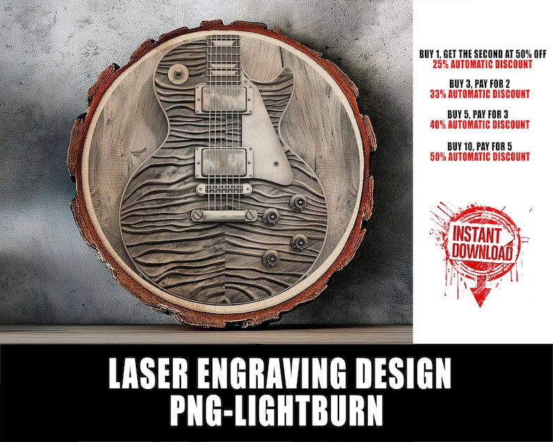 Puede incluir: Un dise&ntilde;o de grabado l&aacute;ser de una guitarra de madera en un tronco de &aacute;rbol. El dise&ntilde;o est&aacute; disponible para descarga instant&aacute;nea y se puede utilizar con el software Lightburn. El texto "BUY 1, GET THE SECOND AT 50% OFF 25% AUTOMATIC DISCOUNT BUY 3, PAY FOR 2 33% AUTOMATIC DISCOUNT BUY 5, PAY FOR 3 40% AUTOMATIC DISCOUNT BUY 10, PAY FOR 5 50% AUTOMATIC DISCOUNT" es visible en la imagen.