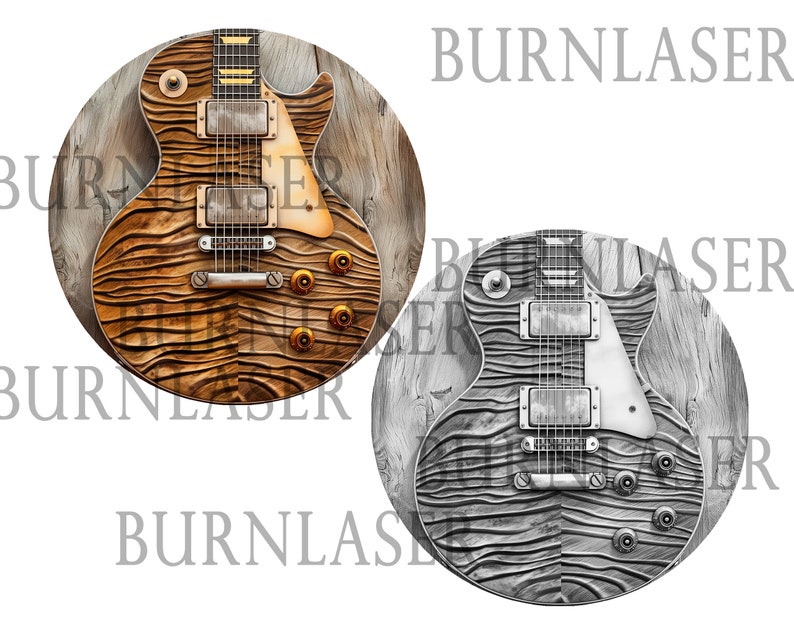 Puede incluir: Dos patrones circulares de veta de madera con una guitarra el&eacute;ctrica negra y blanca en el centro de cada uno. La guitarra de la izquierda tiene un acabado dorado y la guitarra de la derecha tiene un acabado plateado.