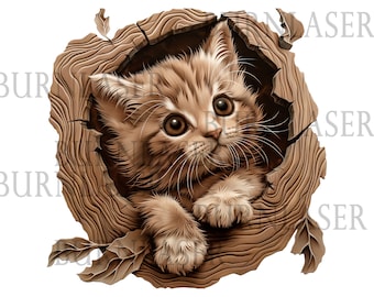 Archivo de grabado láser de gatito bebé: arte mural con ilusión 3D (PNG y LightBurn)