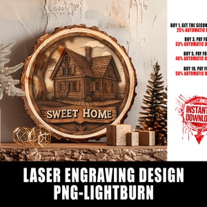 Pu&ograve; includere: Un design di incisione laser di un cartello in legno con le parole "Sweet Home" e un'immagine intagliata di una casa con alberi e fiori. Il design &egrave; perfetto per un progetto di arredamento per la casa.