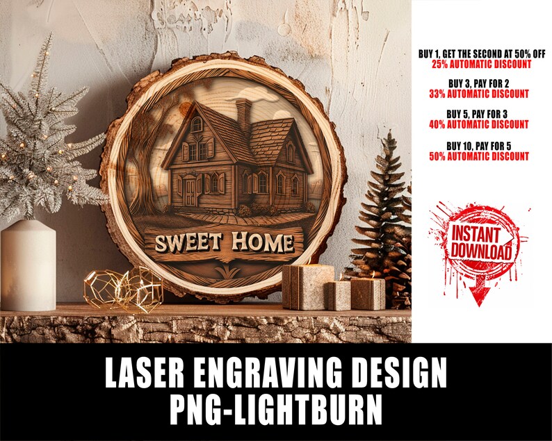 Pu&ograve; includere: Un design di incisione laser di un cartello in legno con le parole "Sweet Home" e un'immagine intagliata di una casa con alberi e fiori. Il design &egrave; perfetto per un progetto di arredamento per la casa.