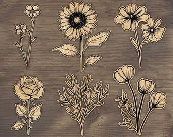 46 SVG Designs Bündel - Wildblumen, Rosen, Sonnenblumen | Laser Schnitt | Gravur SVG | Lightburn-Datei | Holz Geschenke | Blumensträuße | Hochzeit