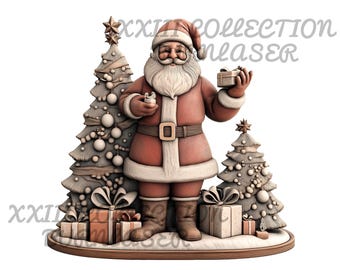 3D Santa Christmas Tree Laser Engraving File: Wood Decor (PNG, Lightburn)