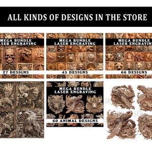 Puede incluir: Un collage de seis im&aacute;genes que muestran diferentes dise&ntilde;os de grabado l&aacute;ser. Las im&aacute;genes est&aacute;n divididas en tres filas de dos im&aacute;genes cada una. La fila superior muestra tres conjuntos diferentes de dise&ntilde;os con el texto "Mega Bundle Laser Engraving" y el n&uacute;mero de dise&ntilde;os en cada conjunto. La fila del medio muestra un conjunto de cuatro dise&ntilde;os de &aacute;guilas. La fila inferior muestra un conjunto de cuatro dise&ntilde;os de tortugas. El texto "Mega Bundle Laser Engraving" y "60 Animal Designs" es visible en la fila del medio.
