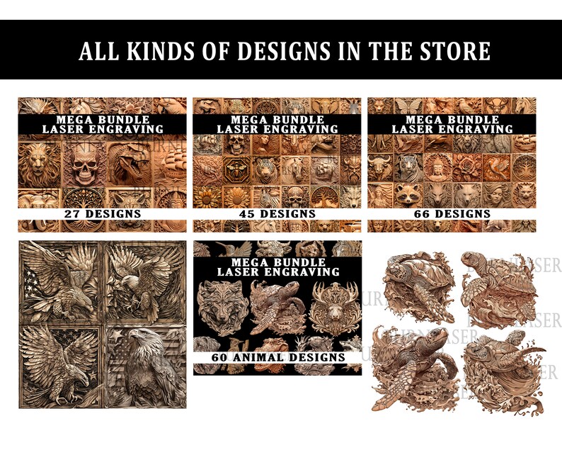 Puede incluir: Un collage de seis im&aacute;genes que muestran diferentes dise&ntilde;os de grabado l&aacute;ser. Las im&aacute;genes est&aacute;n divididas en tres filas de dos im&aacute;genes cada una. La fila superior muestra tres conjuntos diferentes de dise&ntilde;os con el texto "Mega Bundle Laser Engraving" y el n&uacute;mero de dise&ntilde;os en cada conjunto. La fila del medio muestra un conjunto de cuatro dise&ntilde;os de &aacute;guilas. La fila inferior muestra un conjunto de cuatro dise&ntilde;os de tortugas. El texto "Mega Bundle Laser Engraving" y "60 Animal Designs" es visible en la fila del medio.