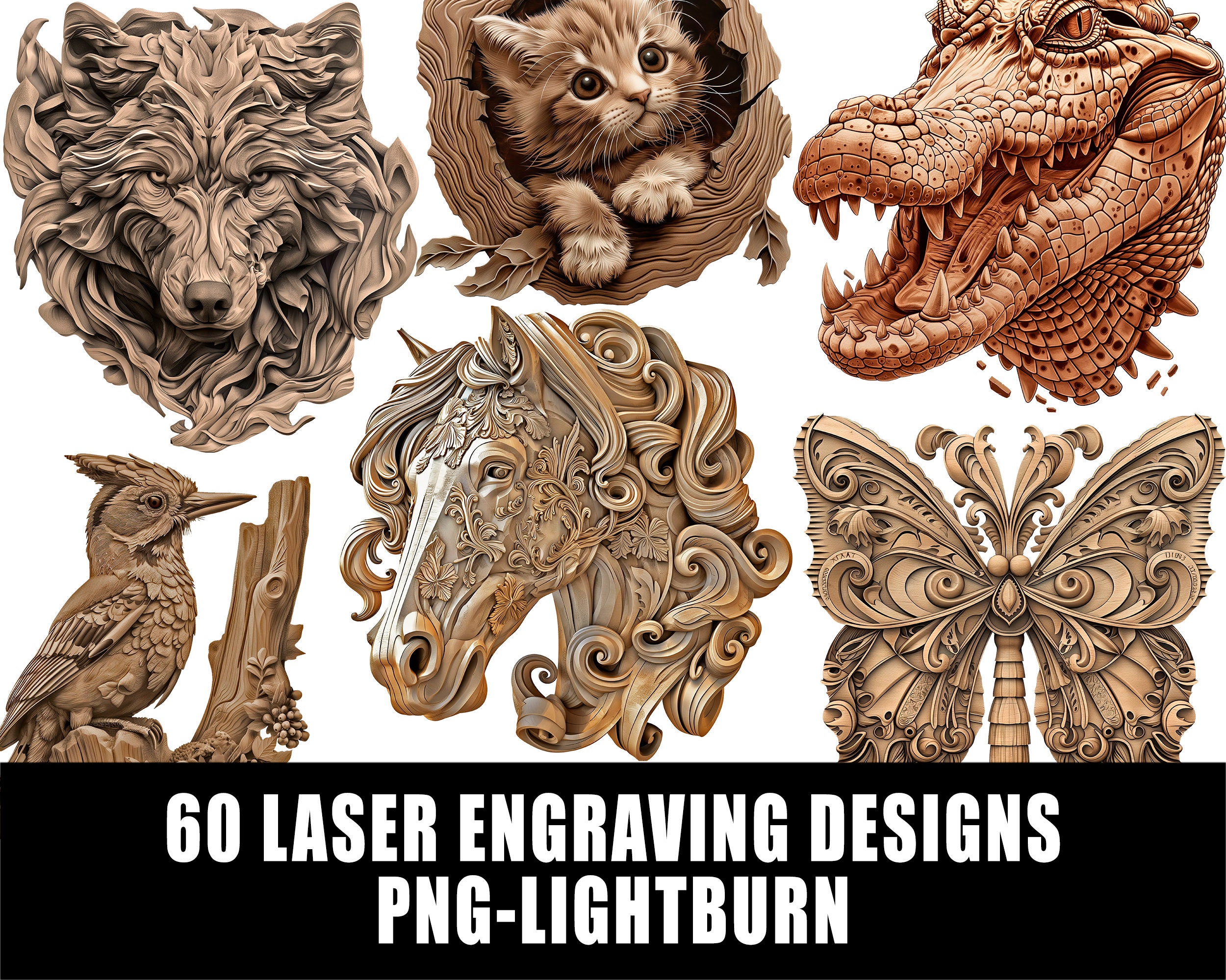 Bundle x60 Laser Engraving PNG | Laser Engraved Animals | 3D Illusion | Laser Ready | Laser Decor | Laser Art | Laser Designs | 3D Art Files