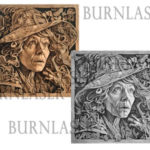 May include: A detailed wood carving of a woman with long, curly hair wearing a hat with intricate designs. The carving is set against a background of leaves and vines. The carving is in a light brown colour.