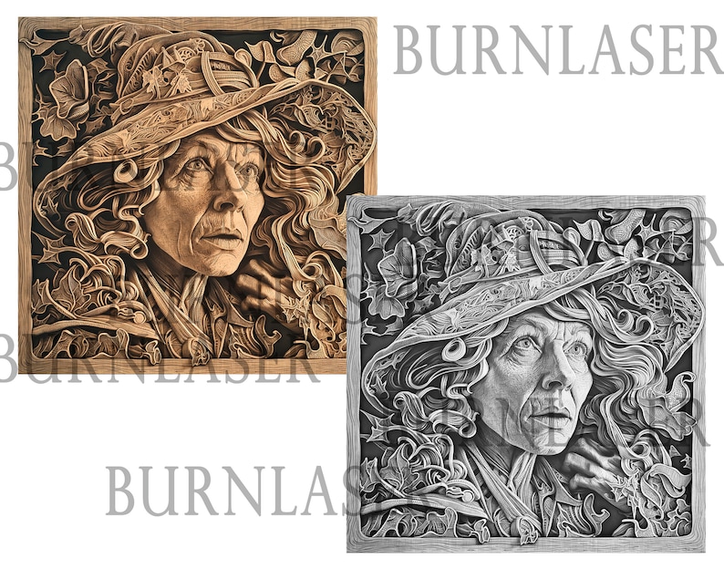 May include: A detailed wood carving of a woman with long, curly hair wearing a hat with intricate designs. The carving is set against a background of leaves and vines. The carving is in a light brown colour.