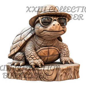 May include: A wooden sculpture of a turtle wearing sunglasses and a hat. The turtle is perched on a wooden base, with the text "XXIII COLLECTION" and "BER" in the background.