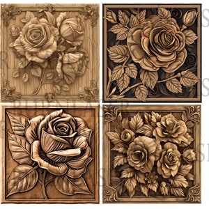 Bundel x4 Lasergravure PNG | Bloemenroos | 3D illusie | Gegraveerd | Laserklaar | Digitaal ontwerpbestand | LightBurn-gravure | 3D-laser
