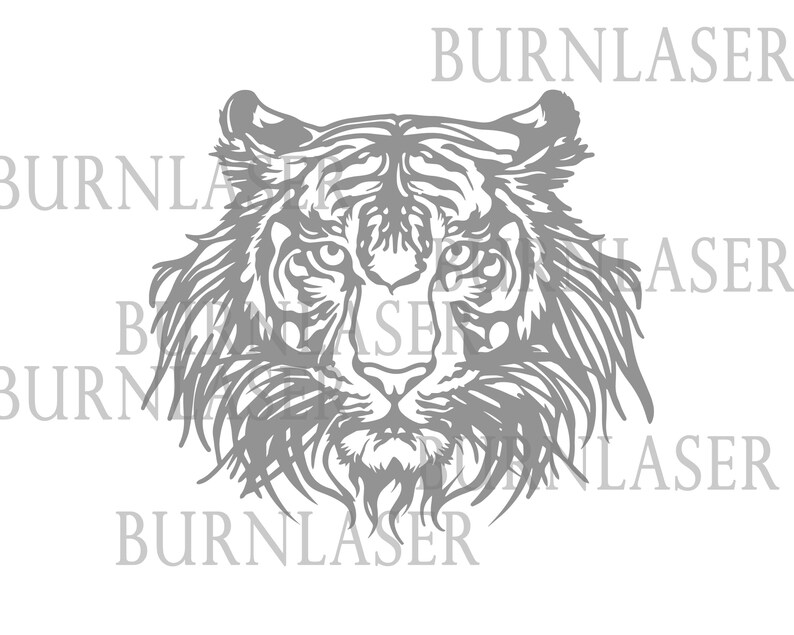 May include: A gray-scale illustration of a tiger's face with a detailed mane. The tiger's eyes are wide open and the mouth is closed. The image is a vector graphic and is suitable for use in a variety of projects.