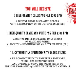 May include: Text that reads "You will receive" followed by a list of digital files included in the purchase: 1 high-quality colour PNG file (300 DPI), 1 high-quality black and white PNG file (300 DPI), and 1 Lightburn file optimised with Jarvis filter. The text also includes a description of each file type.