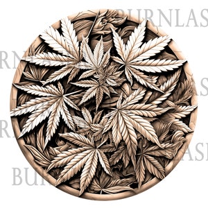 May include: A circular design featuring a detailed, intricate pattern of cannabis leaves in shades of brown and white.