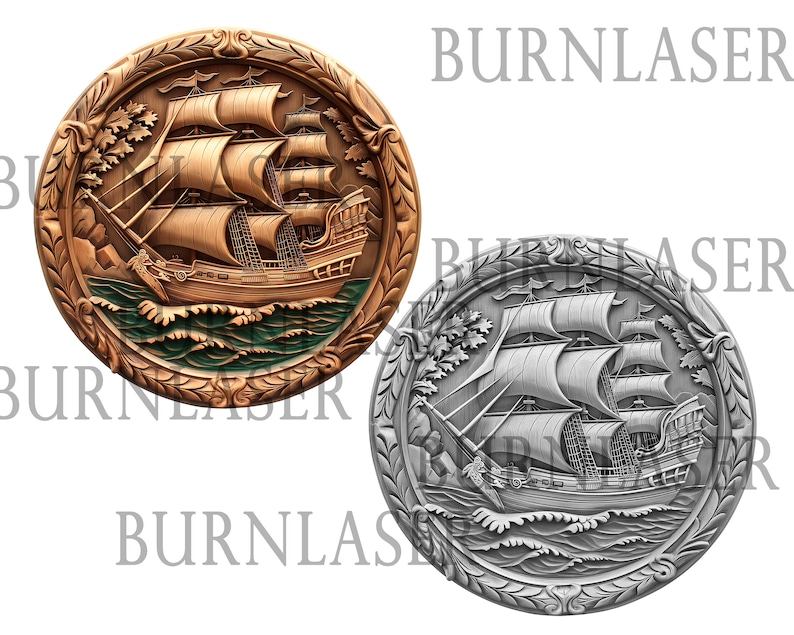 Puede incluir: Dos placas redondas de madera con una imagen tallada de un barco de vela. La placa de la izquierda es de color marr&oacute;n c&aacute;lido y la placa de la derecha es de color plateado.