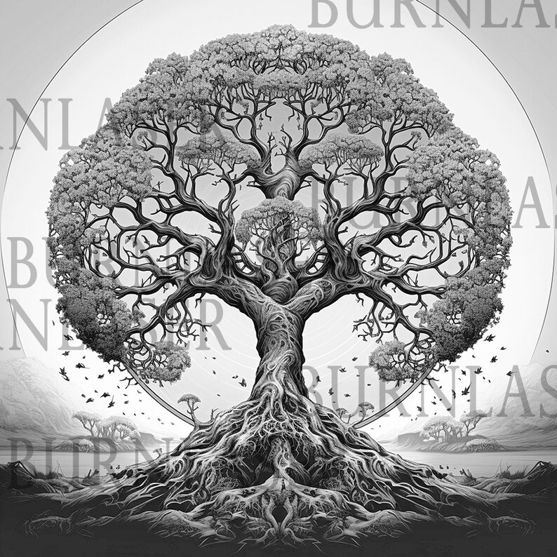 May include: A black and white illustration of a large tree with intricate branches and roots. The tree is surrounded by a circle and has a mystical feel.