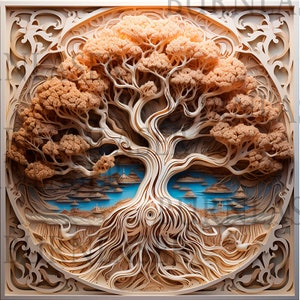 May include: A detailed, intricate wooden sculpture of a tree with a large, spreading canopy and a complex root system. The tree is carved from a single piece of wood and features a variety of textures and patterns.