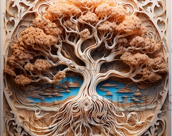 Árbol de la Vida 3D cortado con láser - Arte mural, PNG LightBurn (Descarga digital)