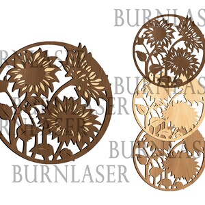 May include: A set of three wooden laser cut sunflower designs. The sunflowers are in a circular shape and have a brown wood finish.