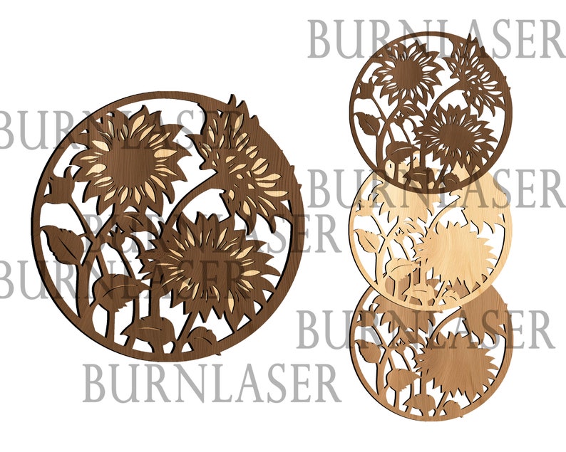 May include: A set of three wooden laser cut sunflower designs. The sunflowers are in a circular shape and have a brown wood finish.