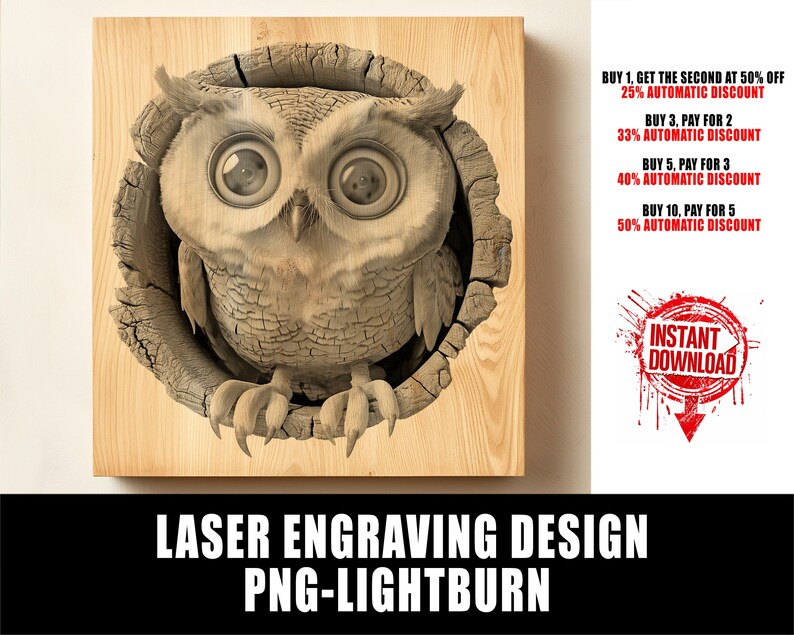 Puede incluir: Un dise&ntilde;o de grabado l&aacute;ser de un b&uacute;ho asom&aacute;ndose desde un tronco de &aacute;rbol. El dise&ntilde;o es en blanco y negro y es adecuado para usar con una cortadora l&aacute;ser. El texto "LASER ENGRAVING DESIGN PNG-LIGHTBURN" est&aacute; en la parte inferior de la imagen.