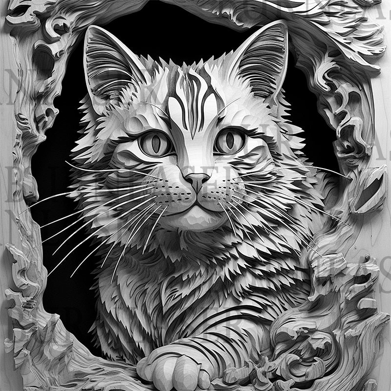 Laser Engraved Cat | 3D Illusion Wall Art PNG (digital Download