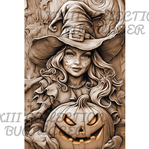 Fichier PNG de gravure laser : illusion d&#39;art murale Halloween 3D, décoration en bois, fichier de gravure Lightburn, sorcière, citrouille, décoration d&#39;Halloween bricolage, Xtool