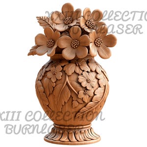 PNG-bestand lasergravure: 3D-illusie vaas met bloemen muurkunst, houtdecor, Lightburn-gravurebestand, 3D-houtdecor, ontwerp bloemengravure