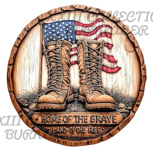 Laser Engraving PNG File: 3D Illusion Soldier Boots, Wood Decor, Lightburn Engraving File, Patriot Design, USA Flag, Home of the Brave