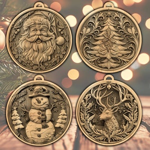 Bundle x4 3D Illusion Laser Engraved PNG Christmas Tree Ornaments | Vector Laser Cut Hanging Decor | Digital Download | Lightburn File