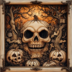 Laser Engraving PNG File: 3D Illusion Halloween Wall Art, Wood Decor, Lightburn Engraving File, Halloween Skulls Laser Design, 3d Wood Art