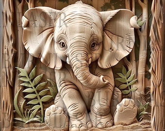 Archivo de elefante bebé grabado con láser: arte mural con ilusión 3D (PNG, Lightburn)