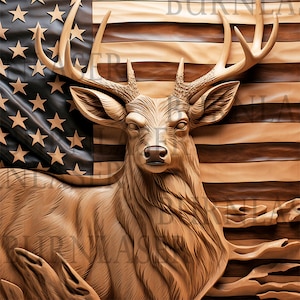 May include: A wooden carving of a deer's head with antlers, set against a background of an American flag. The carving is detailed and realistic, with the deer's fur and antlers rendered in wood.