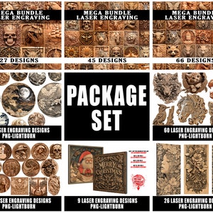 May include: A collage of six images showing different laser engraving designs. The images are arranged in a grid pattern. The top row shows three images of different designs with the text "MEGA BUNDLE LASER ENGRAVING" and the number of designs in each bundle. The middle row shows three images of different designs with the text "PACKAGE SET". The bottom row shows three images of different designs with the text "LASER ENGRAVING DESIGNS PNG-LIGHTBURN" and the number of designs in each bundle.