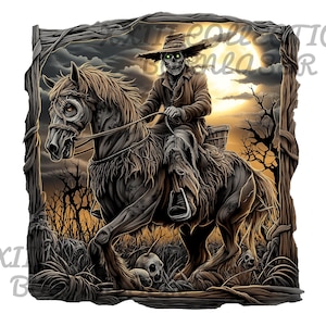 Fichier PNG de gravure laser : Zombie illusion 3D avec cheval, art mural, décoration en bois, fichier de gravure Lightburn, décoration d&#39;Halloween au laser | Bois