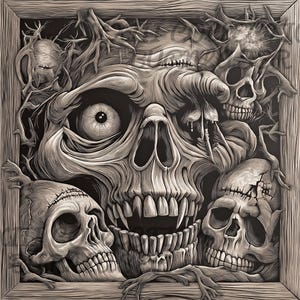 Laser Engraving PNG File: 3D Illusion Halloween Wall Art, Wood Decor, Lightburn Engraving File, Halloween Skulls Laser Design, 3d Wood Art