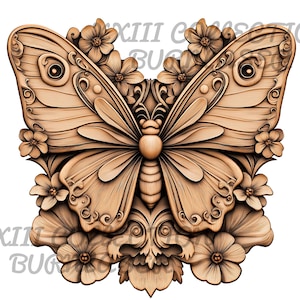 Lasergravure png-bestand: 3D-illusie vlinder met bloemen muurkunst, houtdecor, Lightburn-gravurebestand, vlinder bloemen 3D-muurdecor