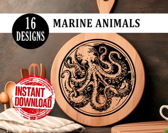 Tabla de charcutería | Animales marinos | Láser SVG | Tabla de cortar | Archivos Grabado Láser | Decoración Cocina | Archivos Glowforge