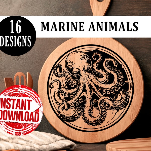 Tabla de charcutería | Animales marinos | Láser SVG | Tabla de cortar | Archivos Grabado Láser | Decoración Cocina | Archivos Glowforge
