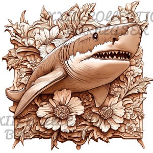 Laser Engraving PNG File: 3D Illusion Ornamental Shark with Flowers Wall Art, Wood Decor, Lightburn Engraving File, Sea Decor 3d Wall Decor