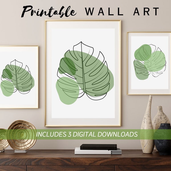 Monstera, Leaves, Plant, set of 3 prints, boho wall decor, download, printable, modern wall art, neutral prints, minimalist Active